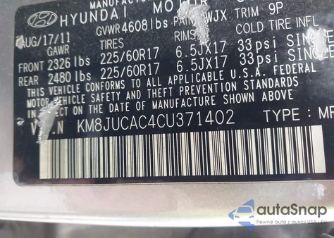 2012 Hyundai Tucson Gls z USA, uszkodzony, nr VIN KM8JUCAC4CU371402